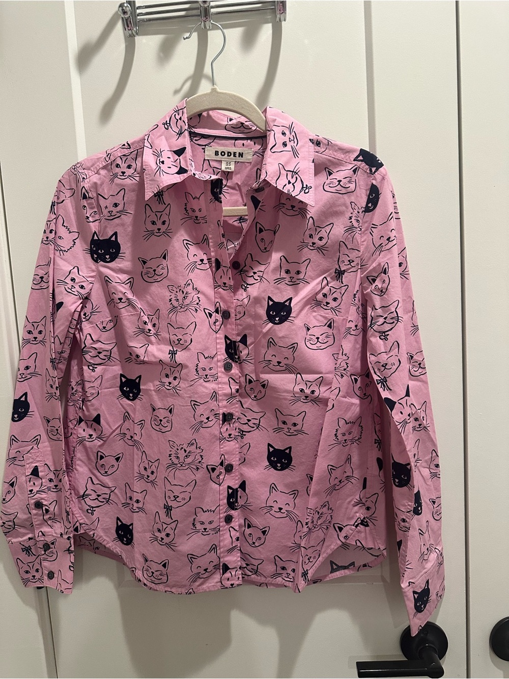 Boden Pink Button-Down Shirt with Navy Cat Faces